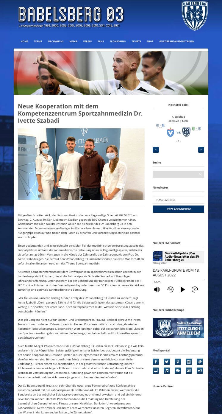 Screenshot der Website von Babelsberg 03 mit Artikel über die neue Kooperation mit dem Kompetenzzentrum Sportzahnmedizin Dr. Ivette Szabadi, inklusive Gruppenfoto der Beteiligten.
