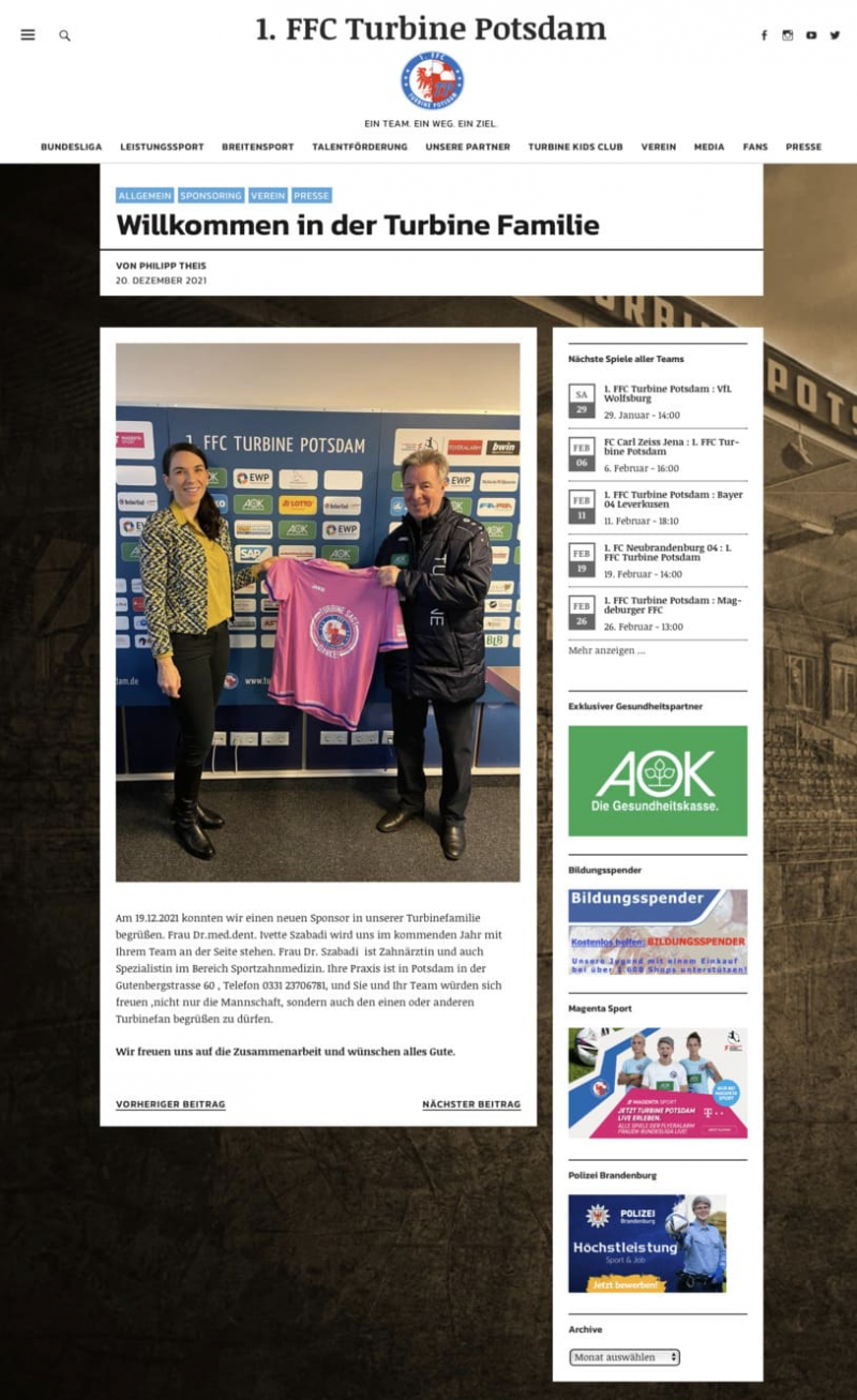 Screenshot der Website des 1. FFC Turbine Potsdam mit Artikel „Willkommen in der Turbine Familie“ – Trikotübergabe im Rahmen der Kooperation mit der Sportzahnmedizin.